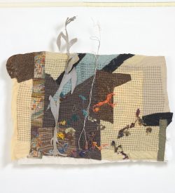 The Iowa flood of 2008 inspired this portrait of resiliance using mixed materials of fiber, wire and plastic mesh with hand and machine stitching.